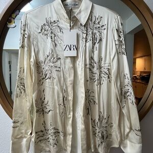 ZARA Cream Satin Button-Down Shirt with Sequin Embellishment